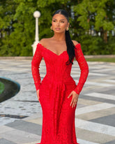 Charming Red Mermaid Off-The-Shoulder Strapless Long Sleeves Lace Long Formal Dress With Ruffles